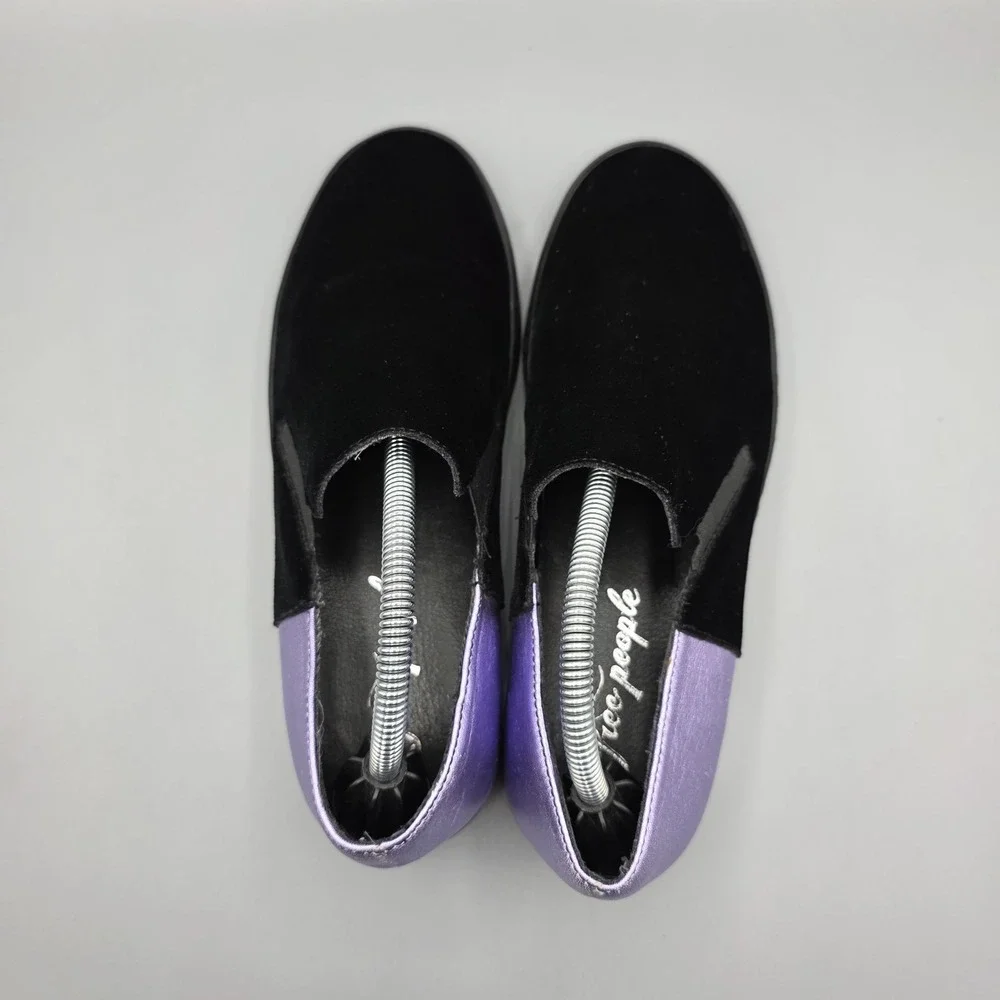 Free People Varsity Sneakers Womens 37 Black Velvet Purple Leather Metallic Shoe
